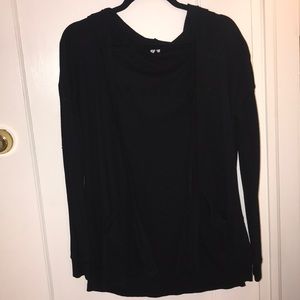 Black waffle cardigan with hood and pockets